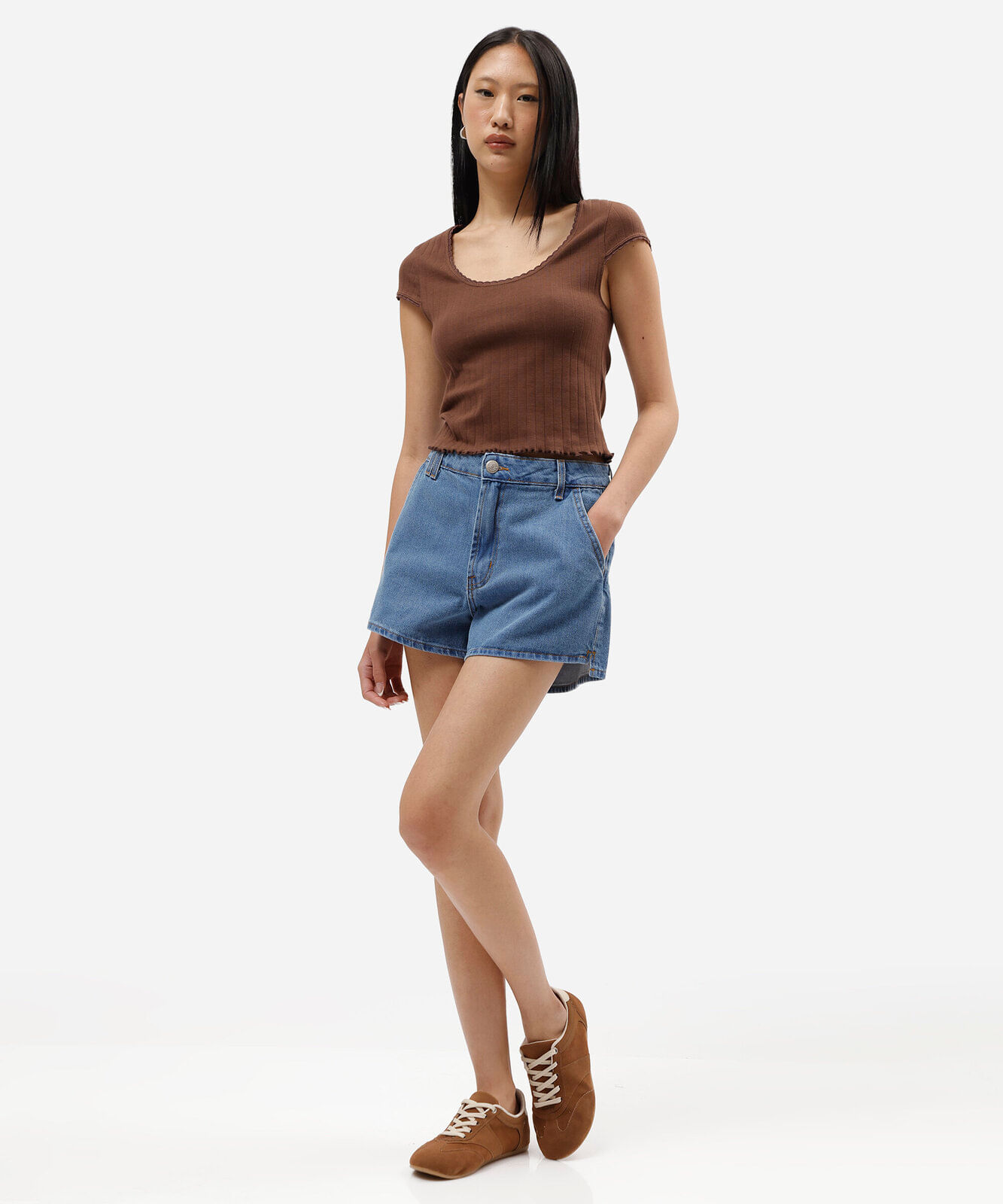 blusa baby look feminina de algodão canelada marrom