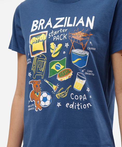 camiseta feminina de algodão manga curta estampada azul