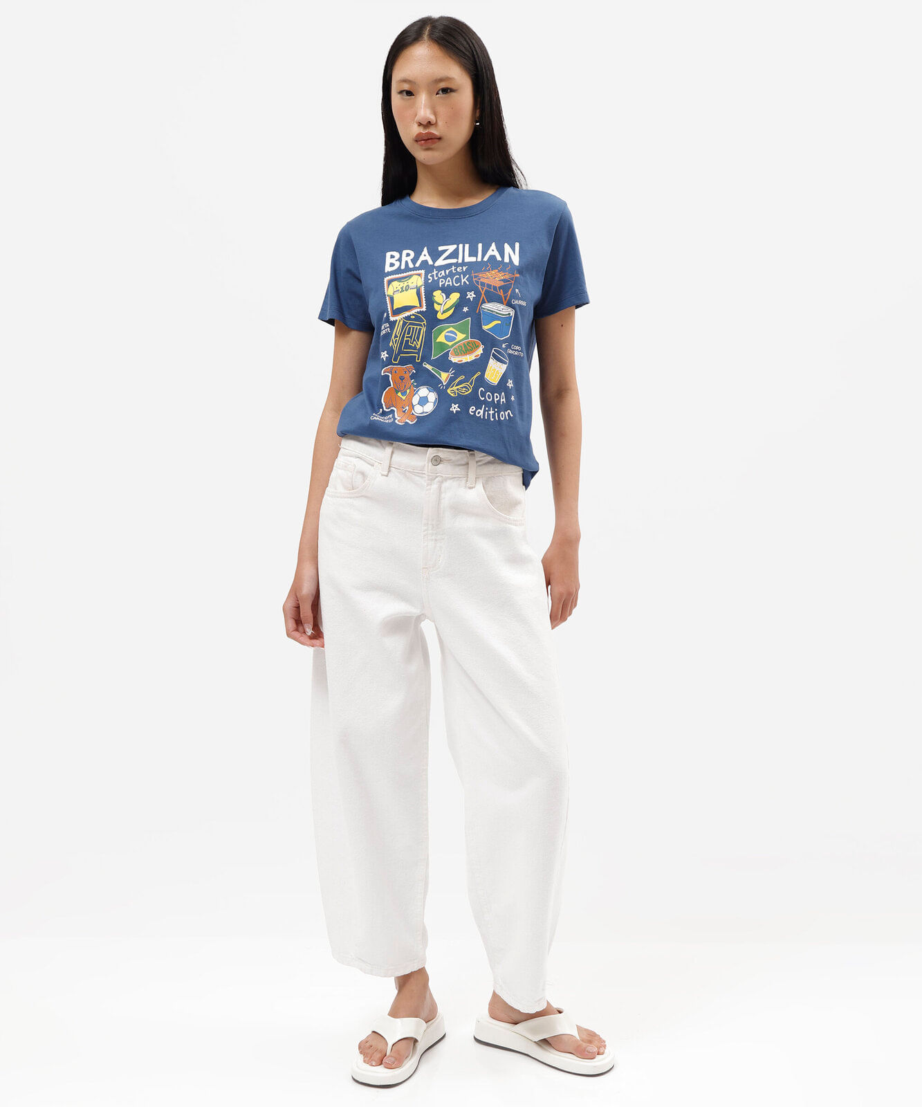 camiseta feminina de algodão manga curta estampada azul