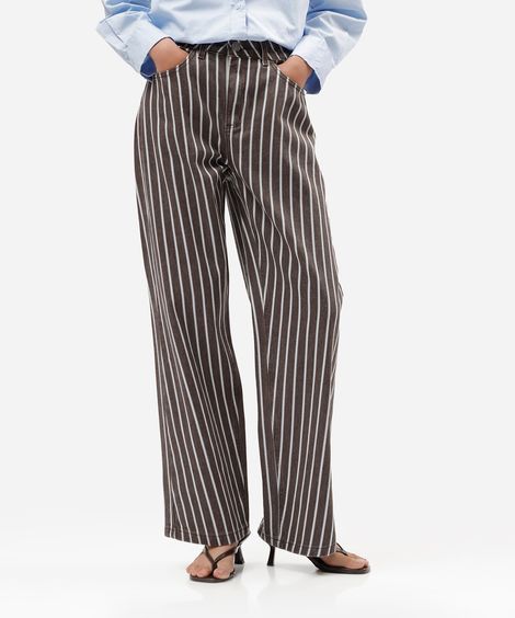 calça wide leg slim feminina de sarja cintura média listrada marrom