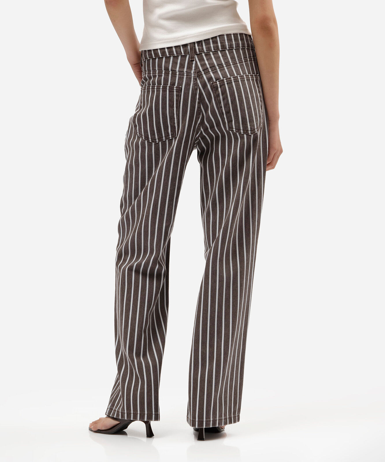 calça wide leg slim feminina de sarja cintura média listrada marrom