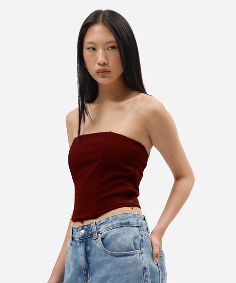 blusa corset sem alça feminina cropped vinho