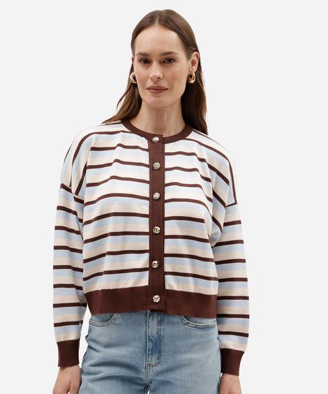 cardigan feminino de tricô listrado com botões marrom