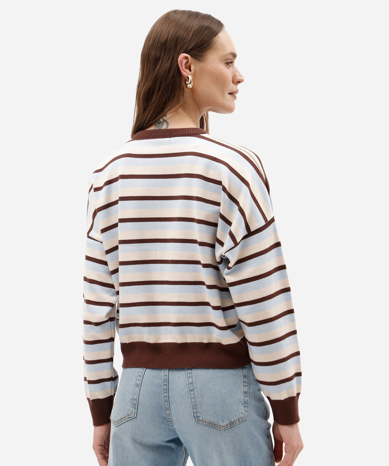 cardigan feminino de tricô listrado com botões marrom