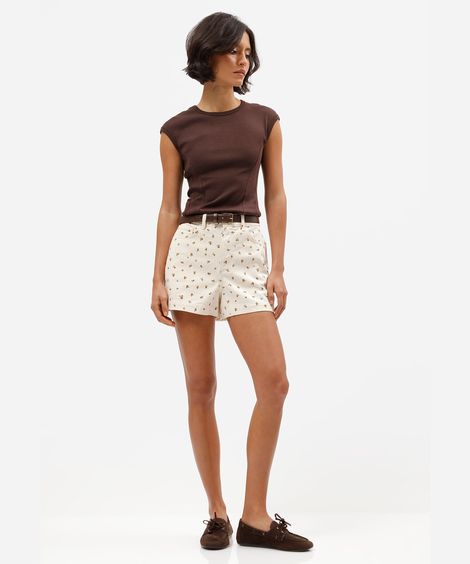 short feminino de sarja cintura super alta com estampa floral liberty bege