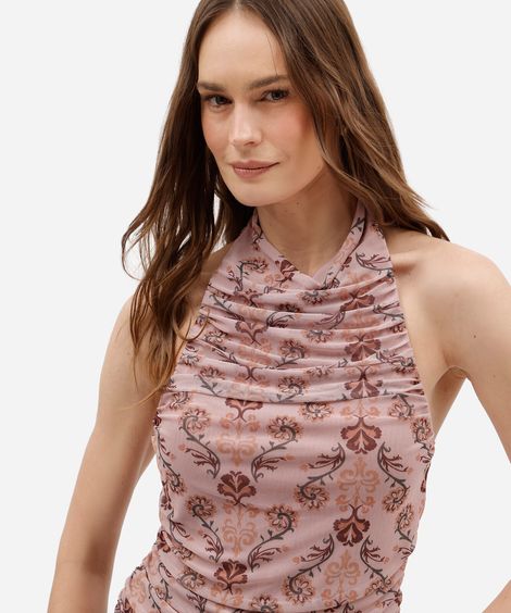 blusa frente única feminina de tule franzida arabescos rosa