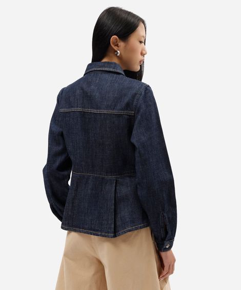 camisa peplum feminina jeans manga longa azul