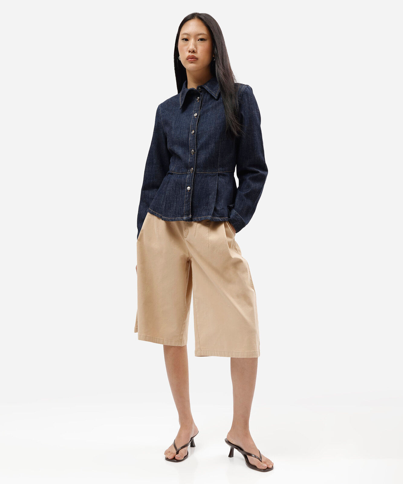 camisa peplum feminina jeans manga longa azul