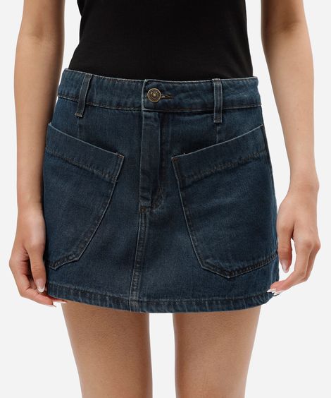 minissaia feminina jeans com bolsos cintura média azul