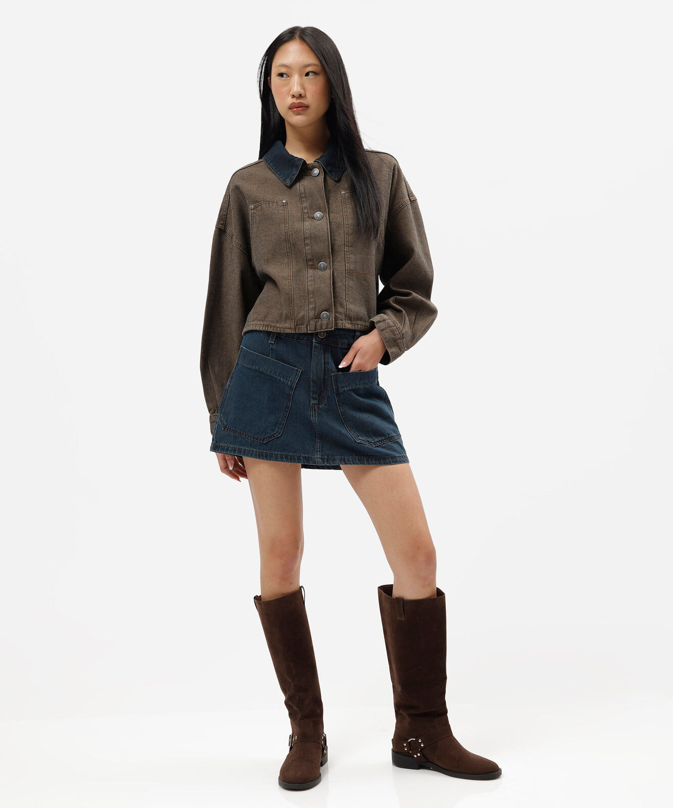 jaqueta jeans cropped feminina com gola contraste jeans azul