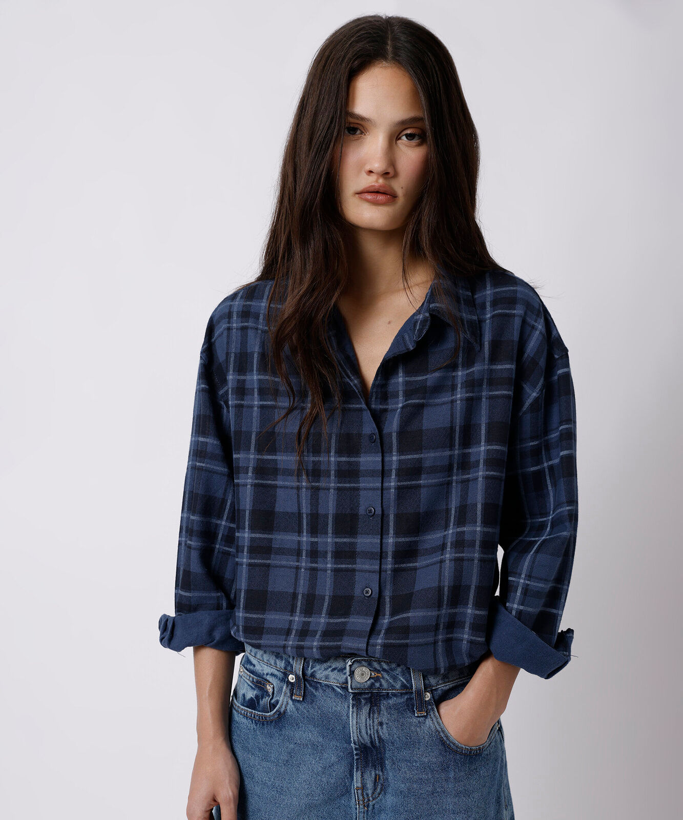 camisa unissex de algodão manga longa xadrez mindset working title azul
