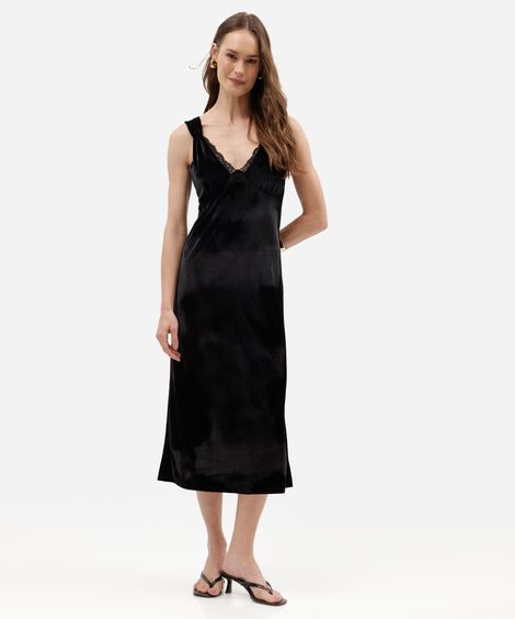 vestido midi feminino de veludo com renda preto