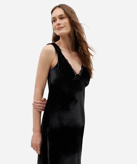 vestido midi feminino de veludo com renda preto