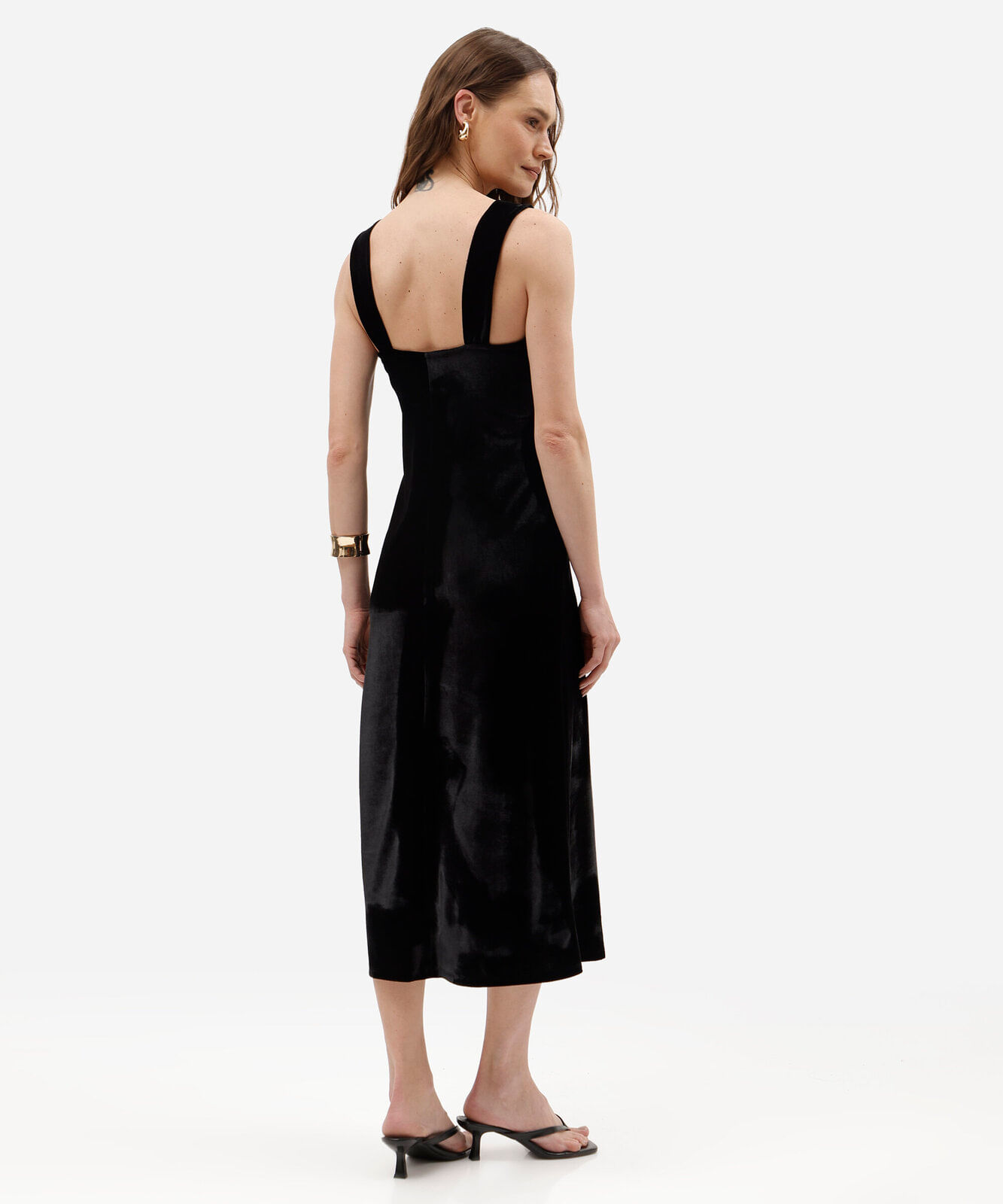 vestido midi feminino de veludo com renda preto