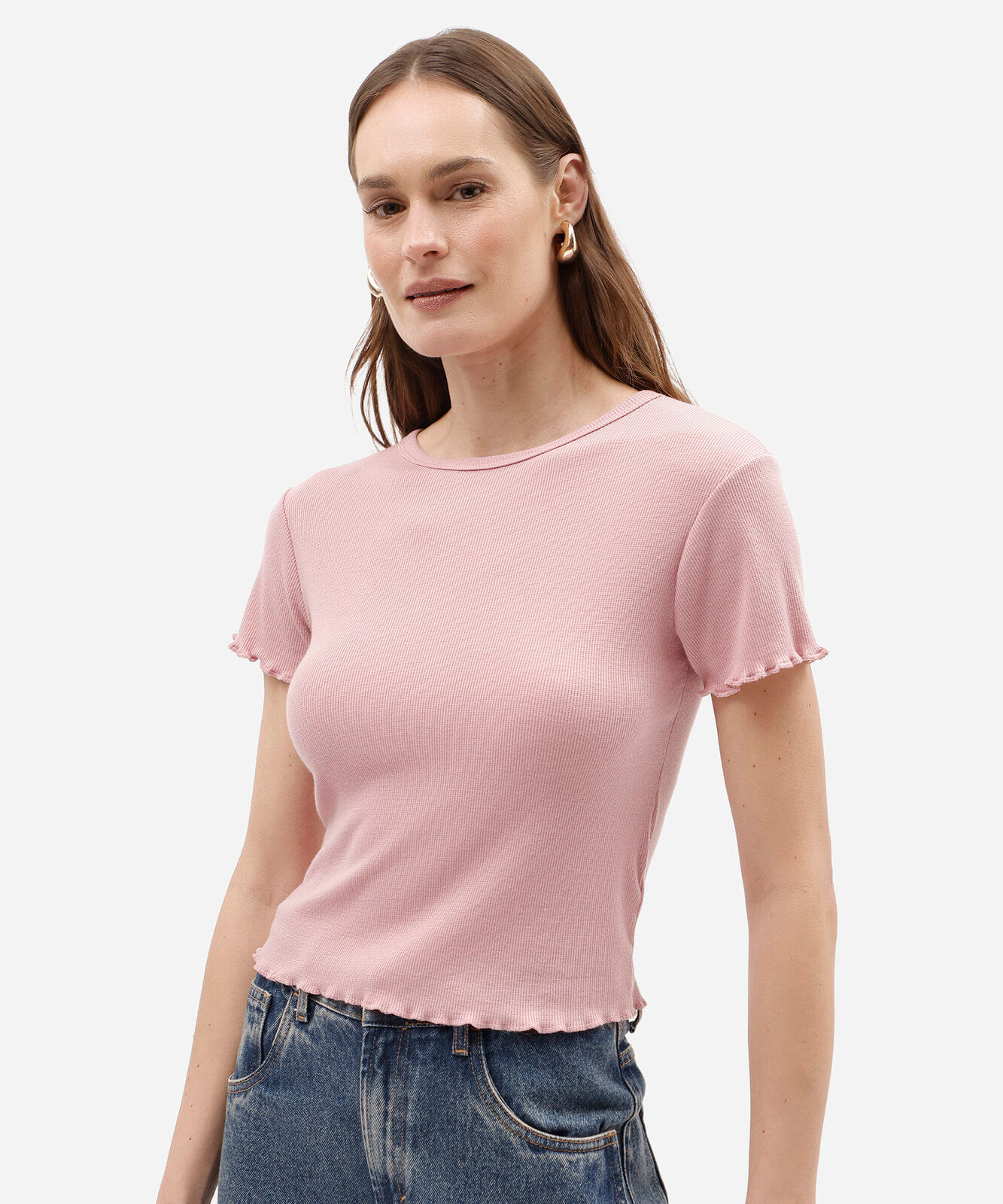 blusa baby look feminina manga curta canelada rosa