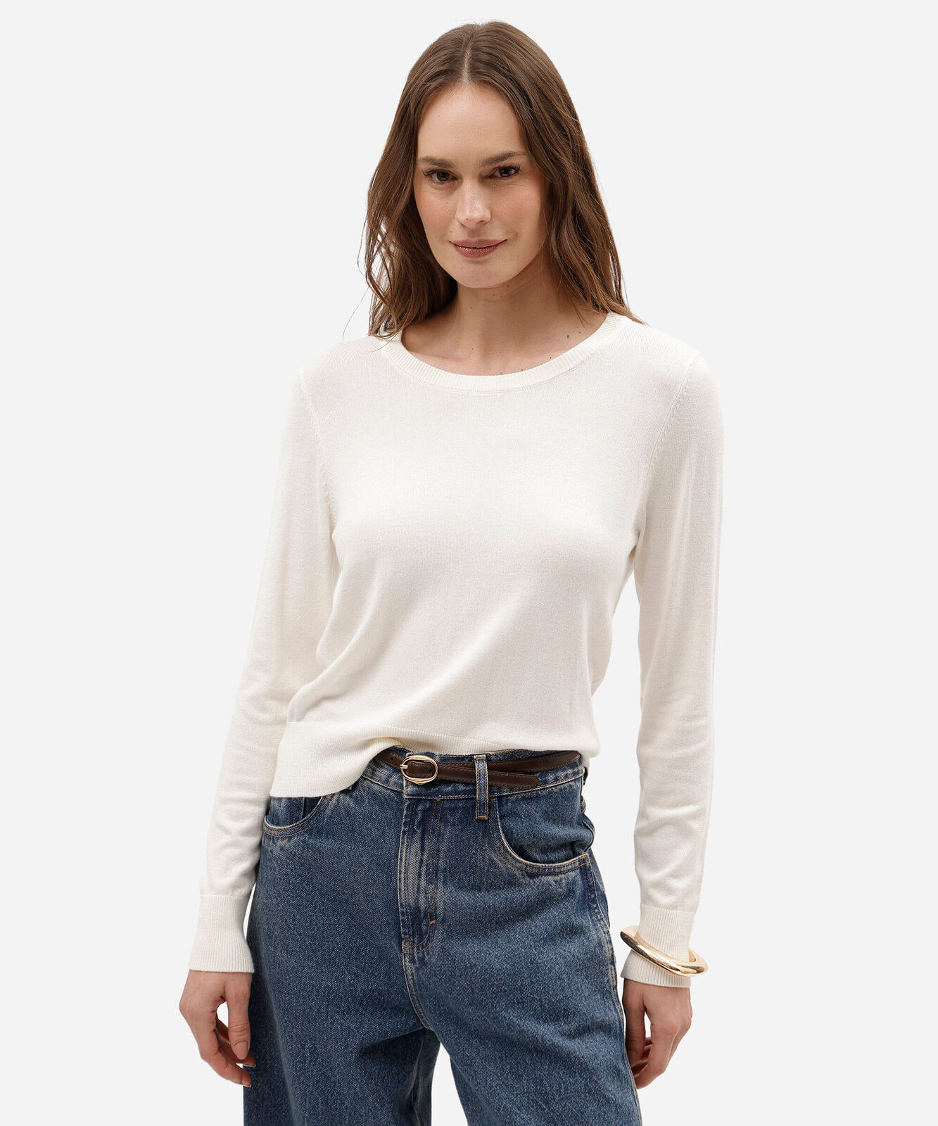 suéter de tricot manga longa básico off white