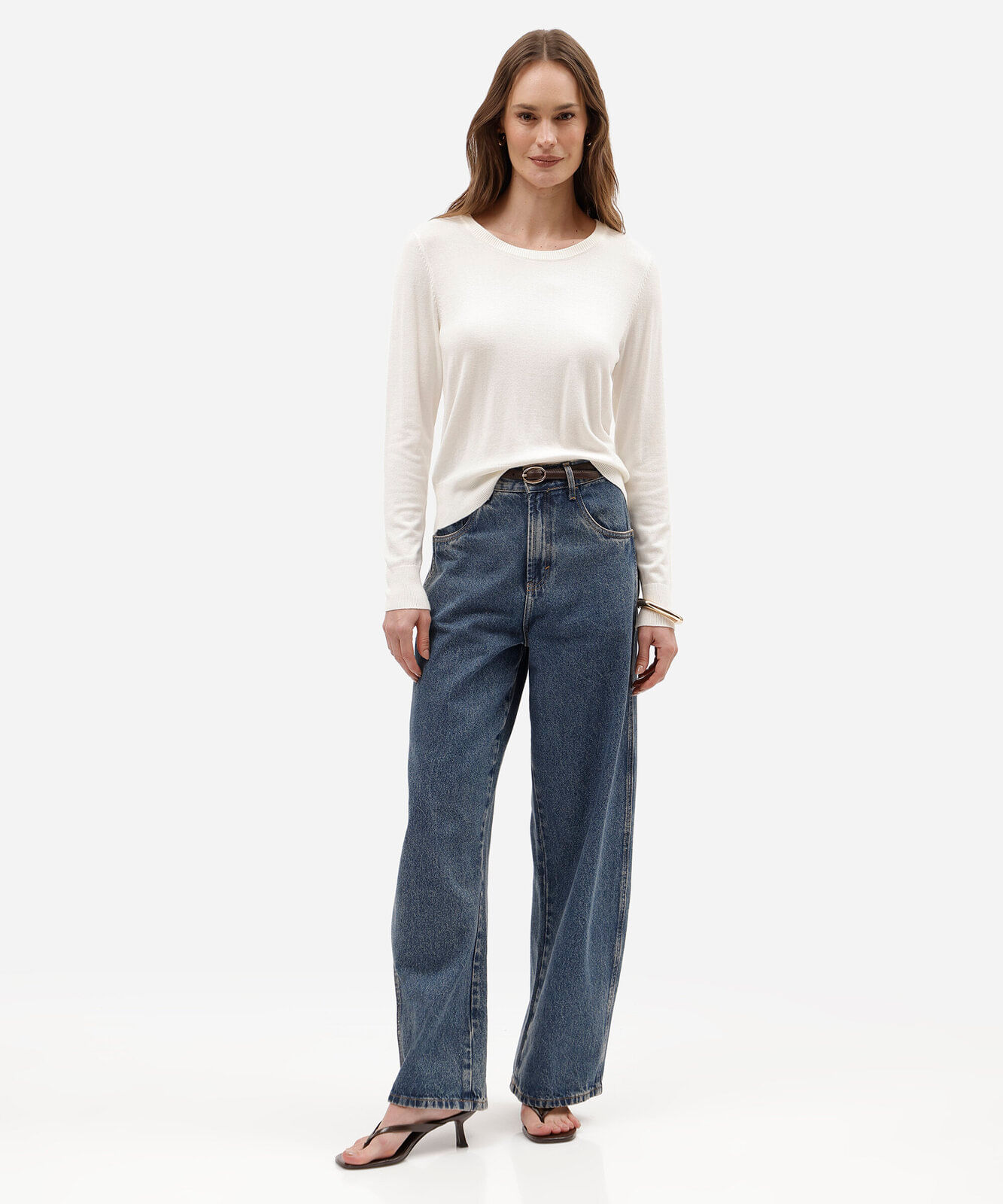 suéter de tricot manga longa básico off white