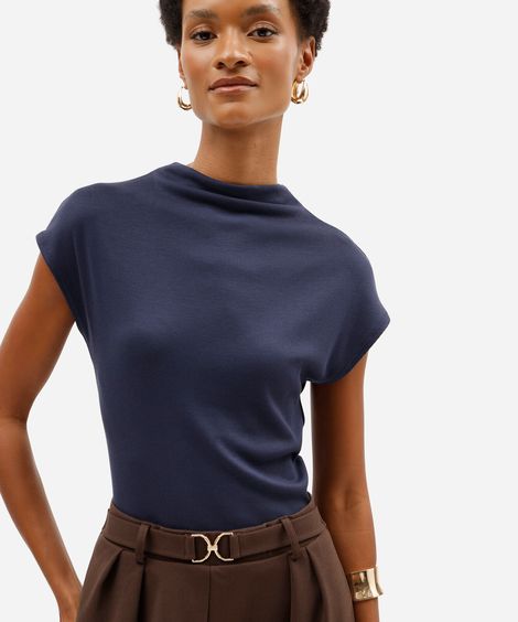 blusa feminina de viscose gola alta canelada azul