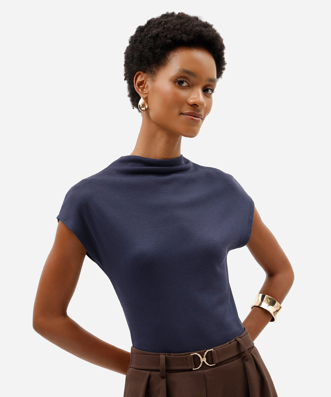 blusa feminina de viscose gola alta canelada azul