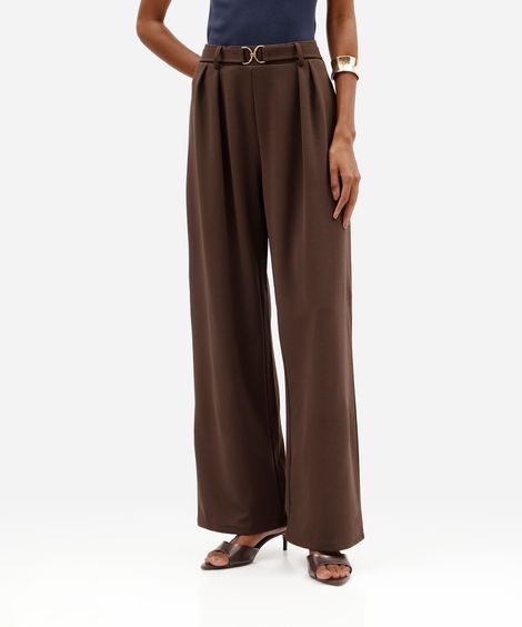 calça feminina wide leg pregas com fivela marrom