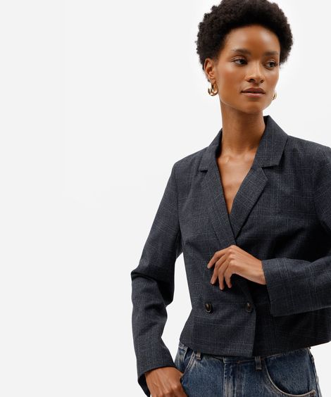 blazer de alfaiataria cropped feminino xadrez azul