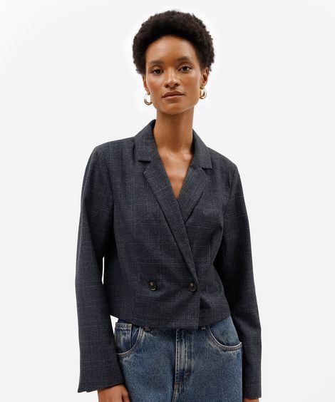 blazer de alfaiataria cropped feminino xadrez azul