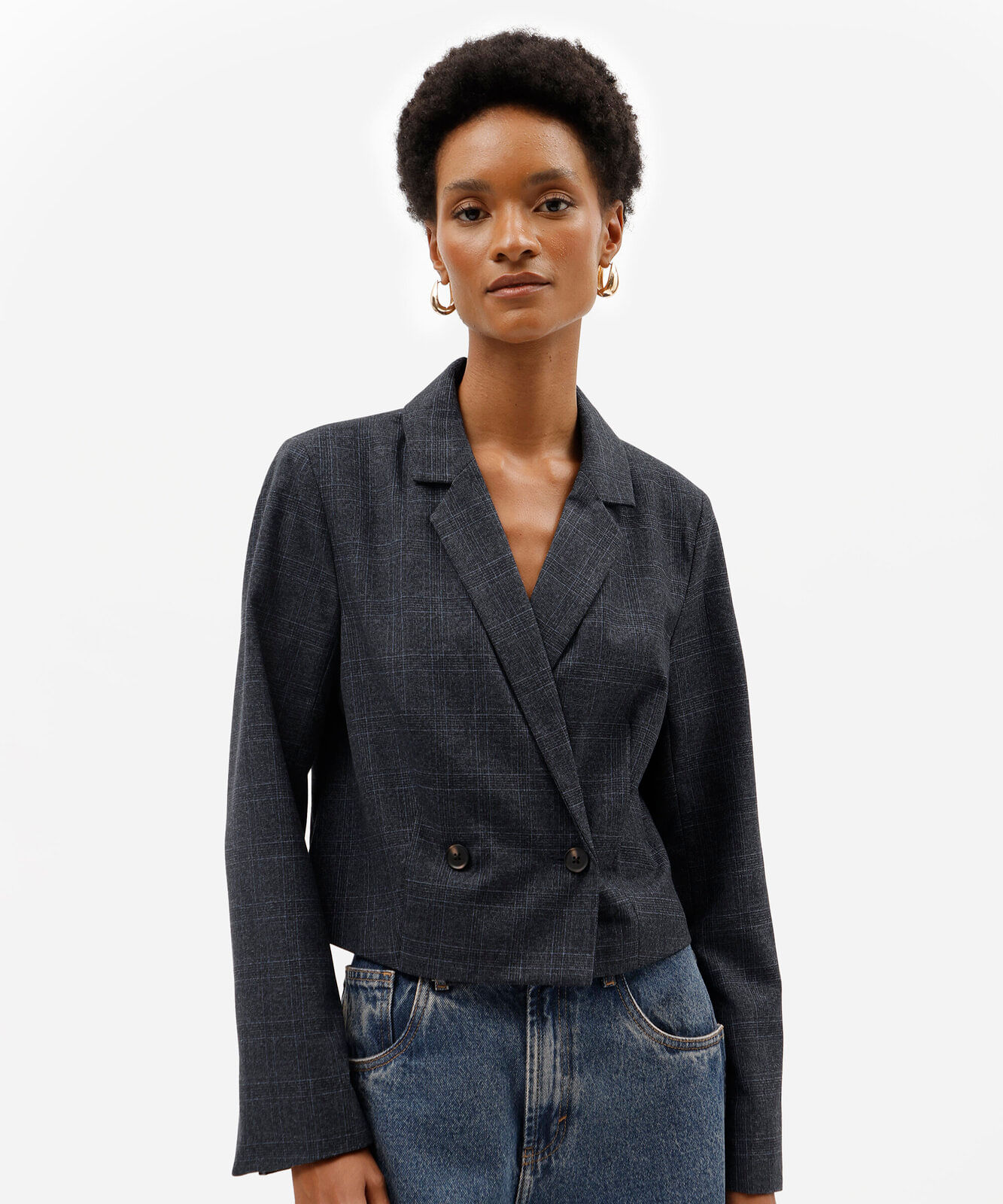 blazer de alfaiataria cropped feminino xadrez azul