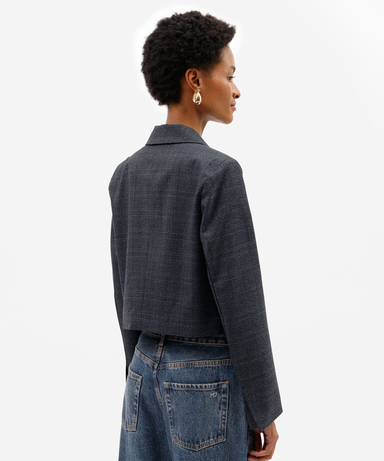blazer de alfaiataria cropped feminino xadrez azul