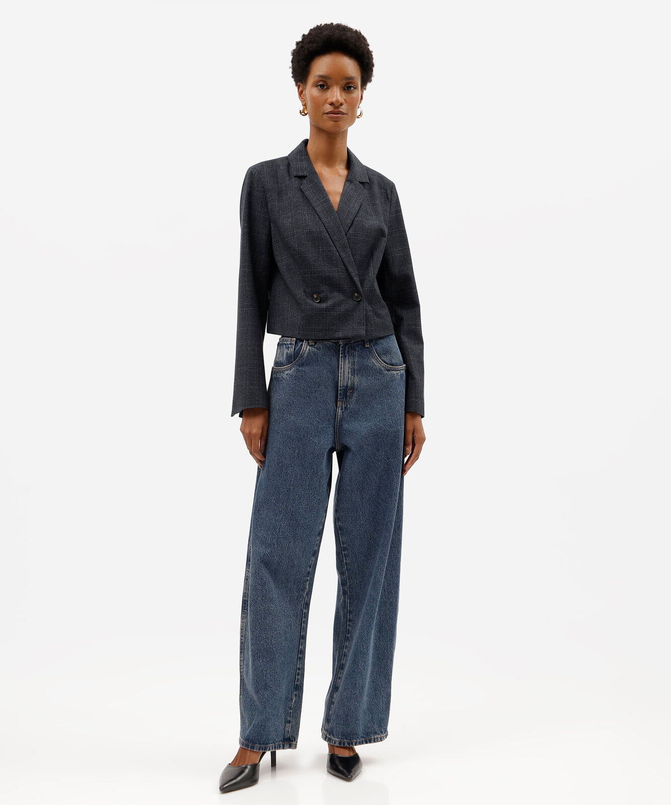 blazer de alfaiataria cropped feminino xadrez azul