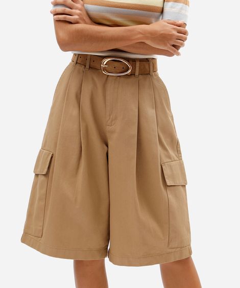 bermuda jorts cargo feminina de sarja cintura média bege