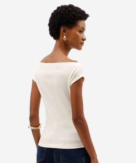 blusa feminina de algodão decote canoa manga curta bege