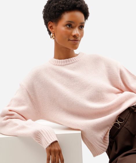 suéter feminino de tricot gola redonda rosa