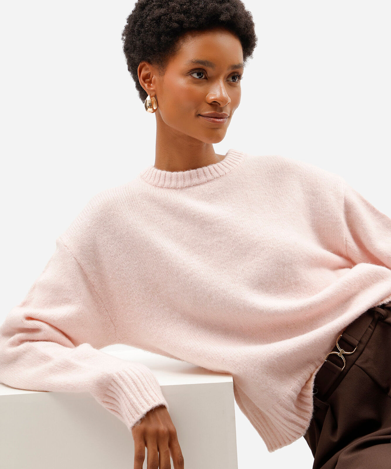 suéter feminino de tricot gola redonda rosa