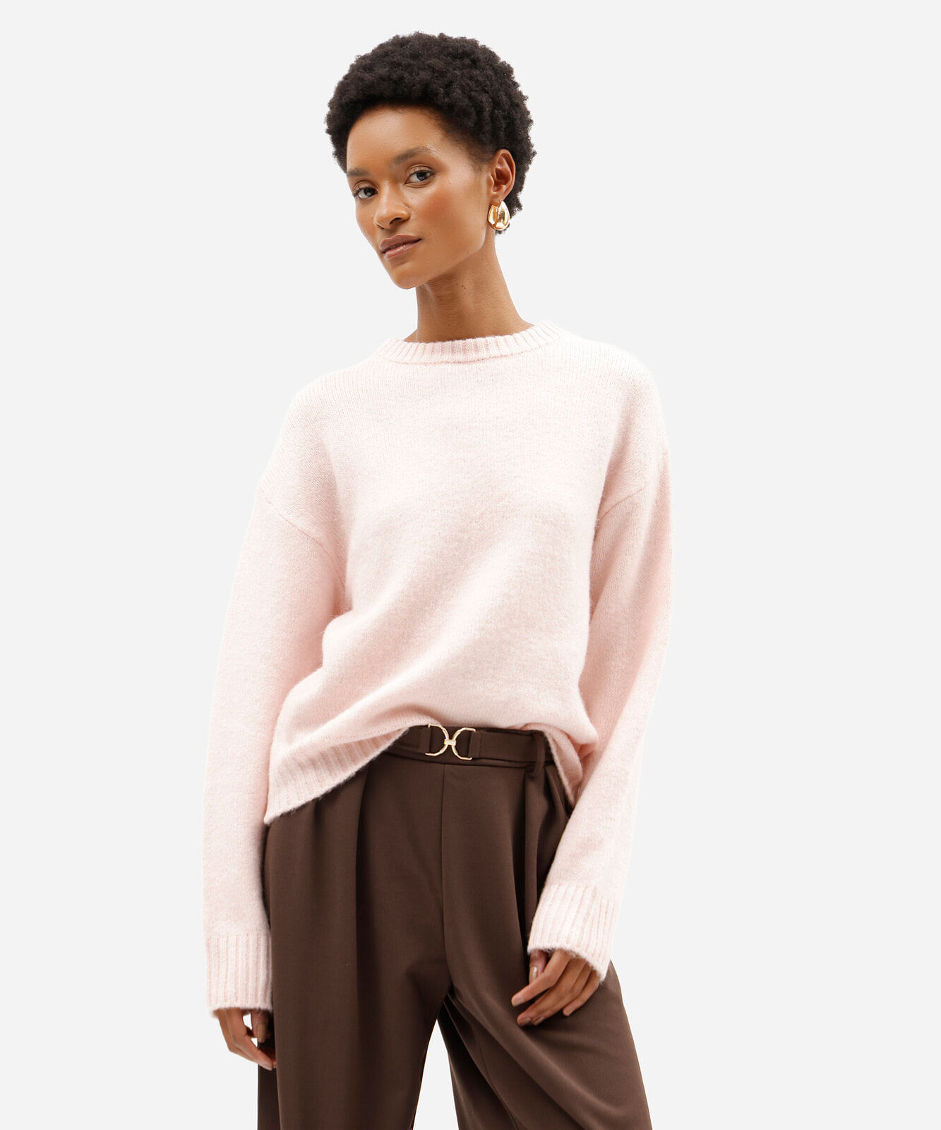 suéter feminino de tricot gola redonda rosa