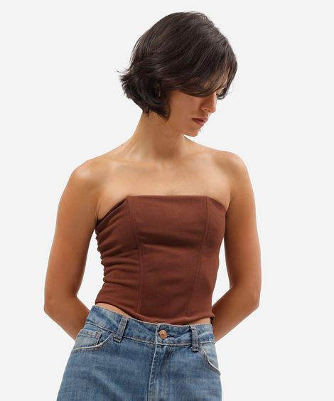 blusa corset sem alça feminina cropped marrom