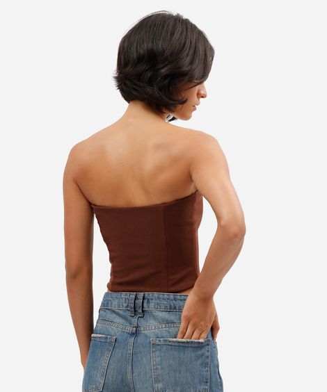 blusa corset sem alça feminina cropped marrom
