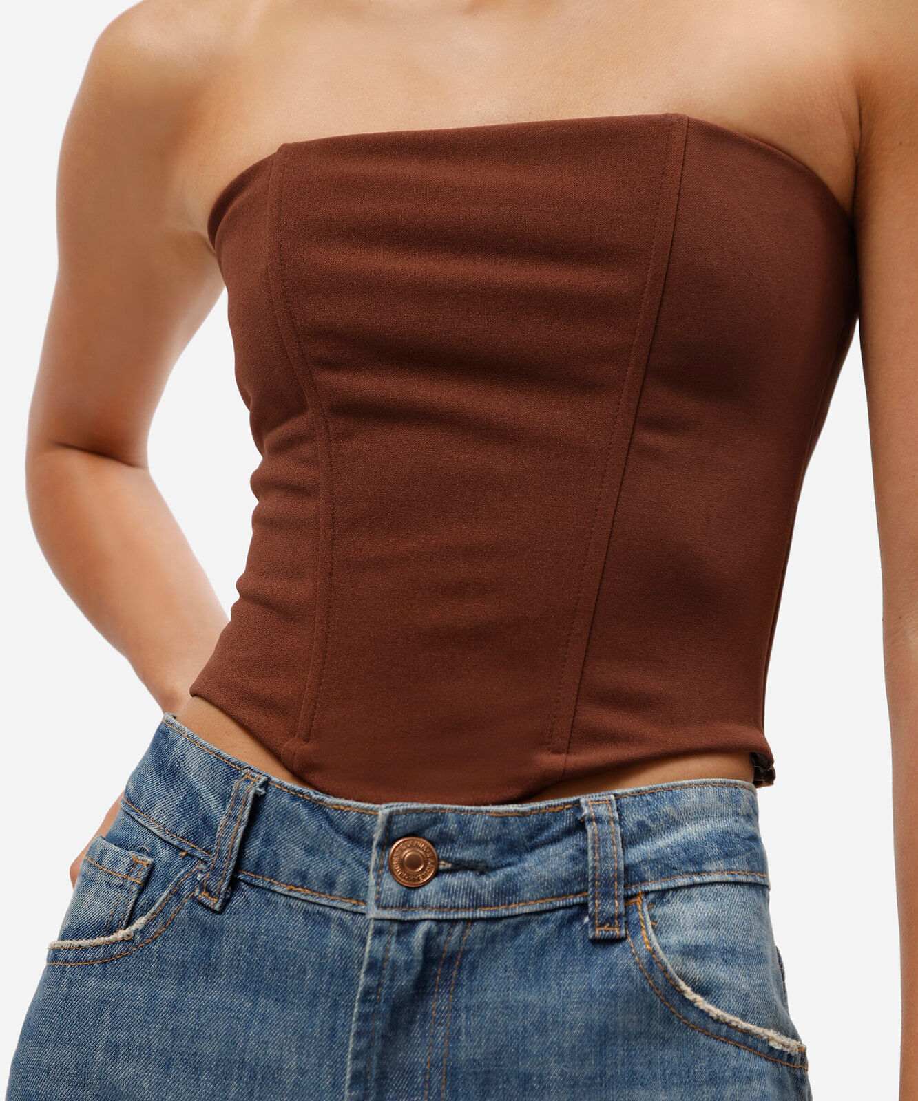blusa corset sem alça feminina cropped marrom