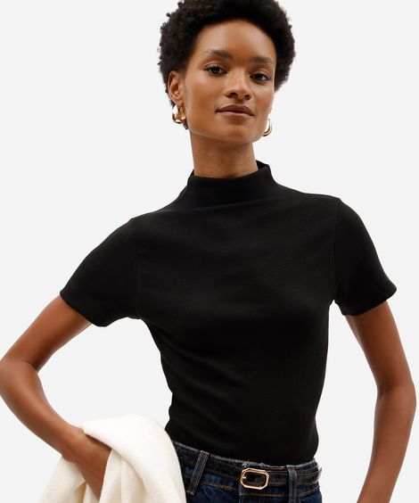 blusa feminina de algodão gola alta manga curta preta