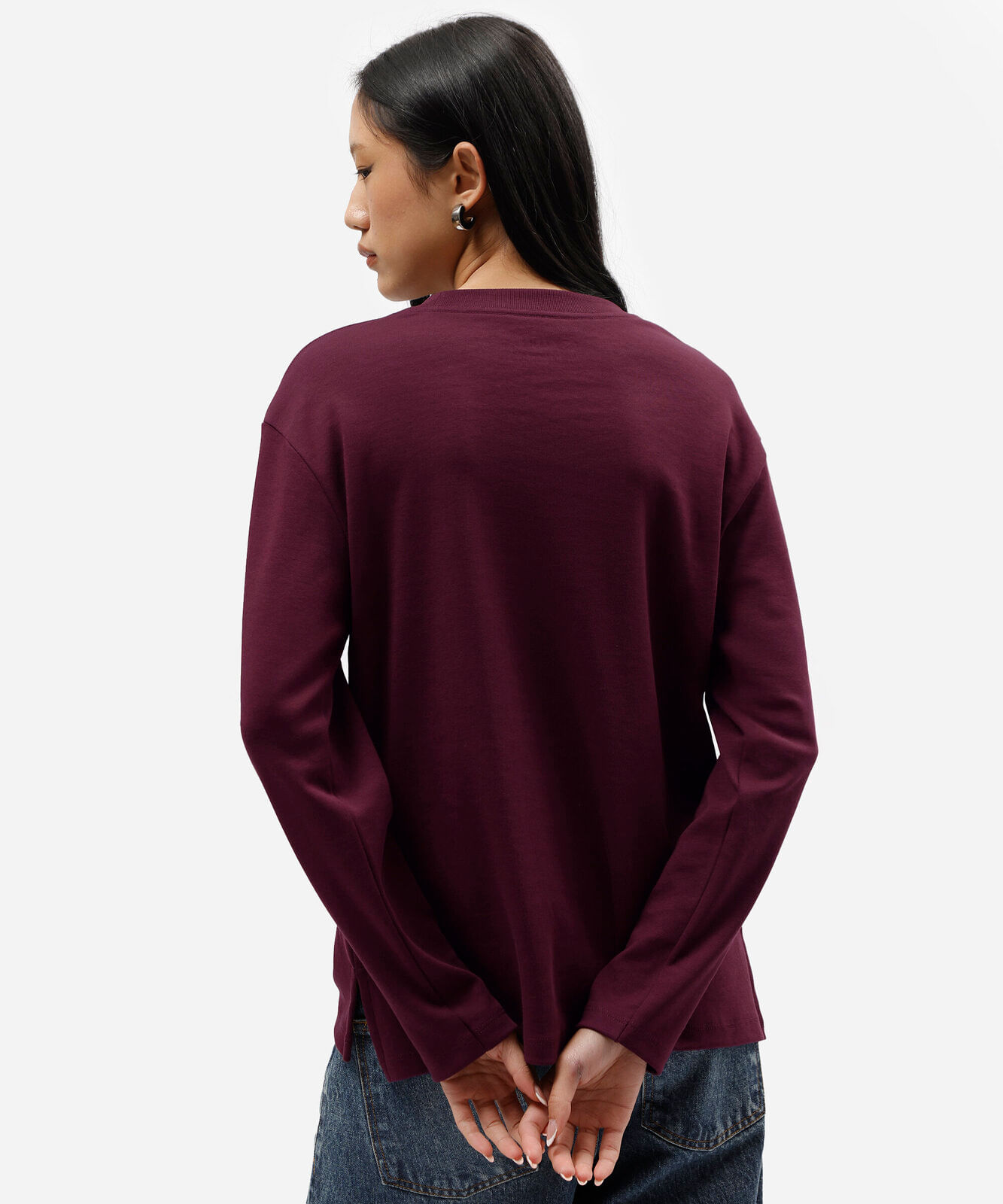 camiseta oversized feminina de algodão peruano manga longa vinho