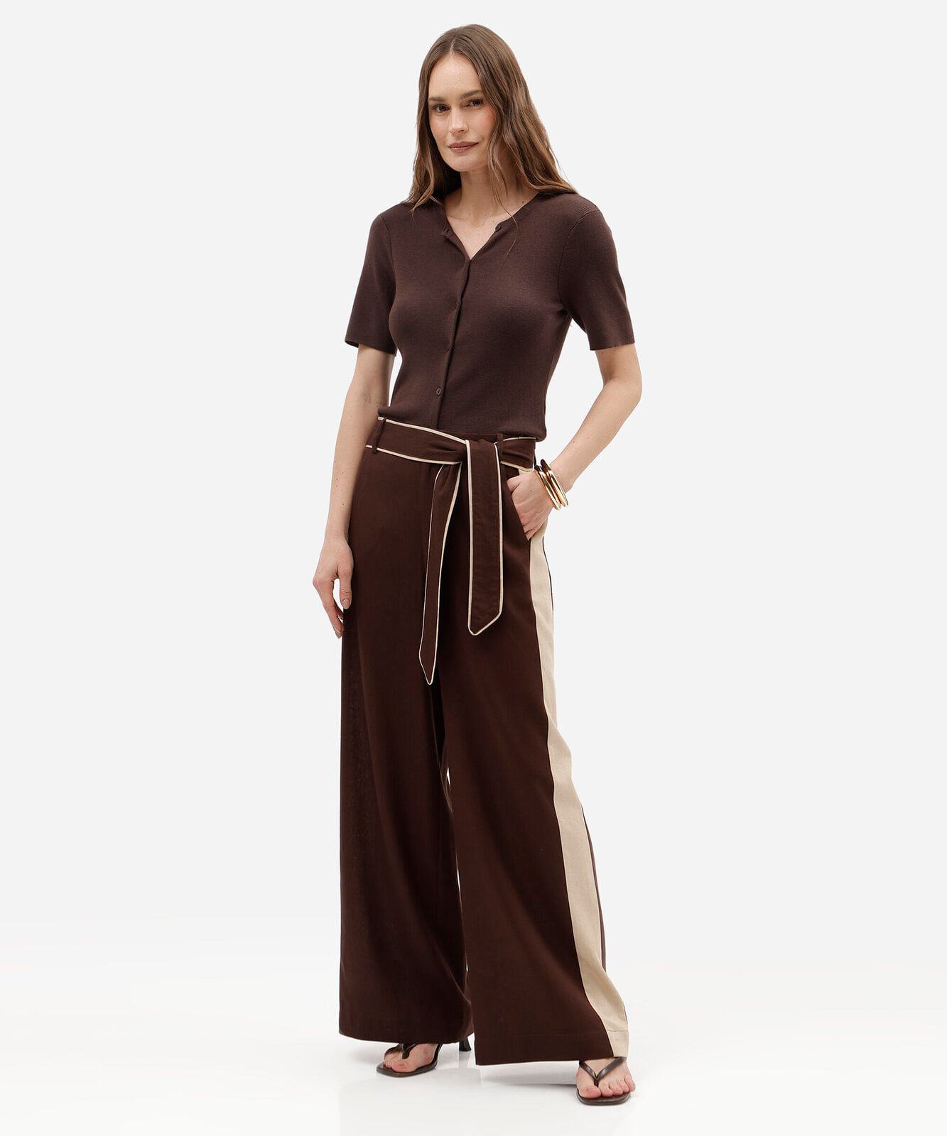 calça pantalona feminina com linho e faixa marrom