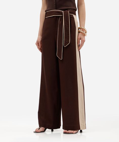 calça pantalona feminina com linho e faixa marrom