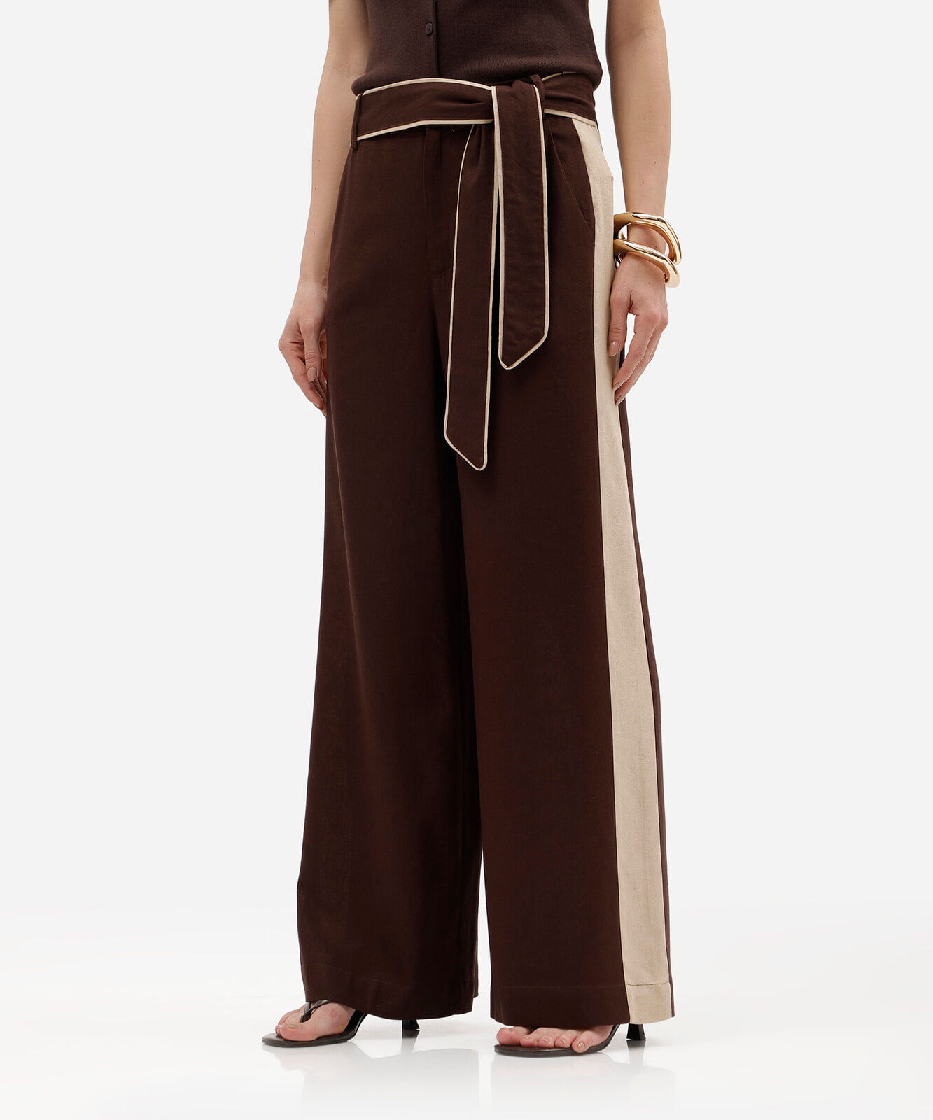 calça pantalona feminina com linho e faixa marrom