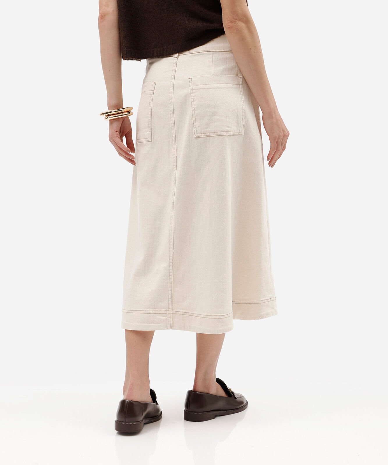 saia midi feminina de sarja com pregas bege