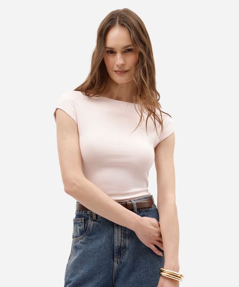 blusa feminina de algodão decote canoa manga curta rosa