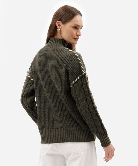 suéter feminino de tricot gola alta com bordado texturizado verde