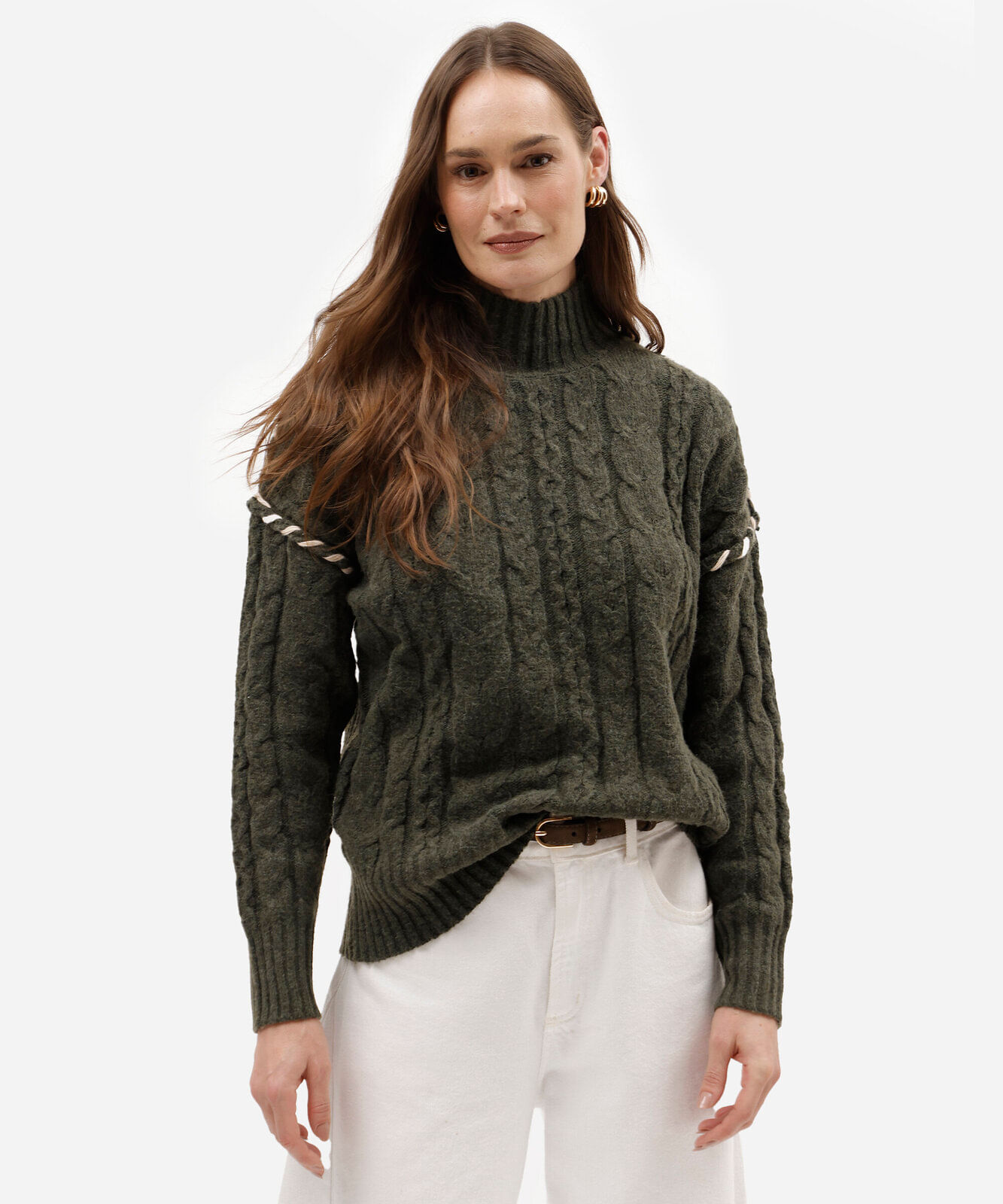 suéter feminino de tricot gola alta com bordado texturizado verde