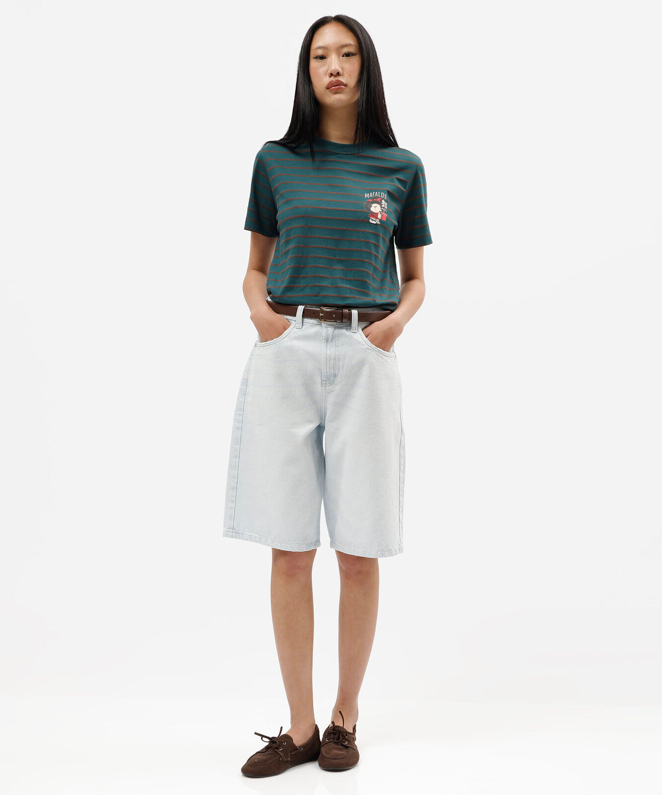 camiseta feminina com algodão manga curta mafalda listrada verde