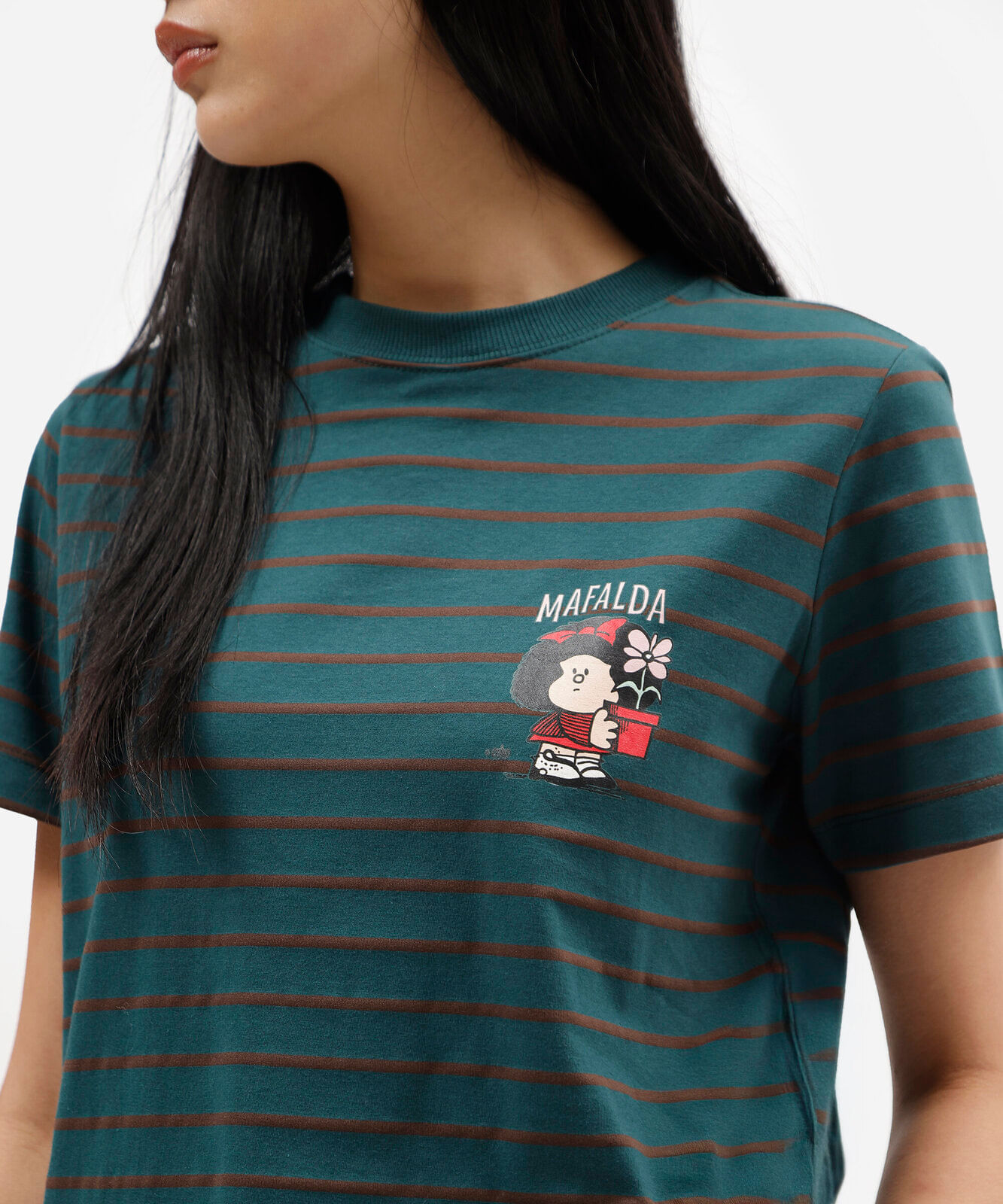 camiseta feminina com algodão manga curta mafalda listrada verde