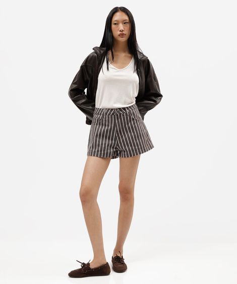short boy feminino de sarja cintura média listrado marrom