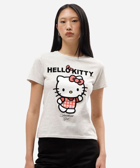 camiseta feminina com algodão manga curta hello kitty off white